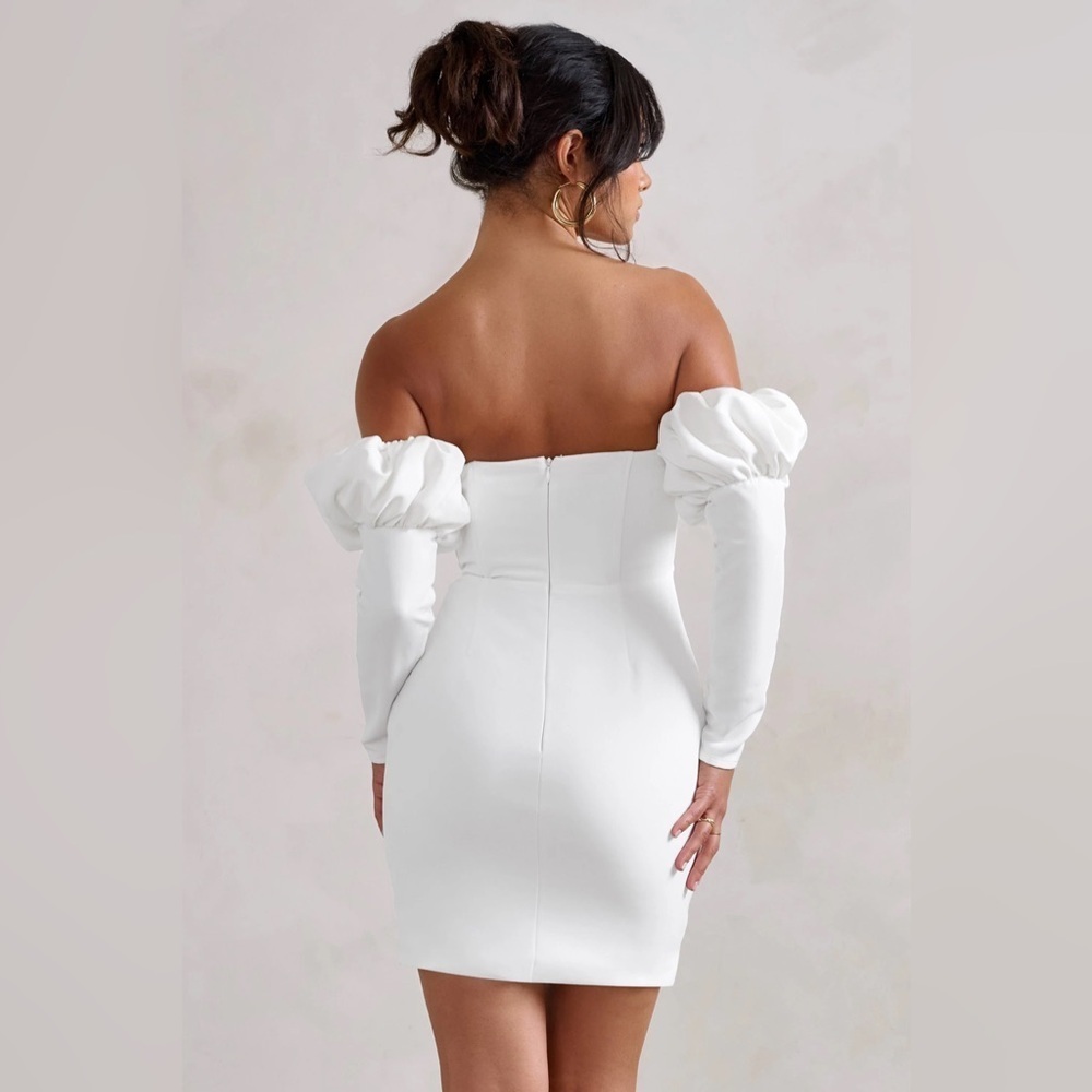 NWT Club L London Bardot Puff Long Sleeve Mini Dress White Size 4 Wedding Bride - Picture 2 of 11